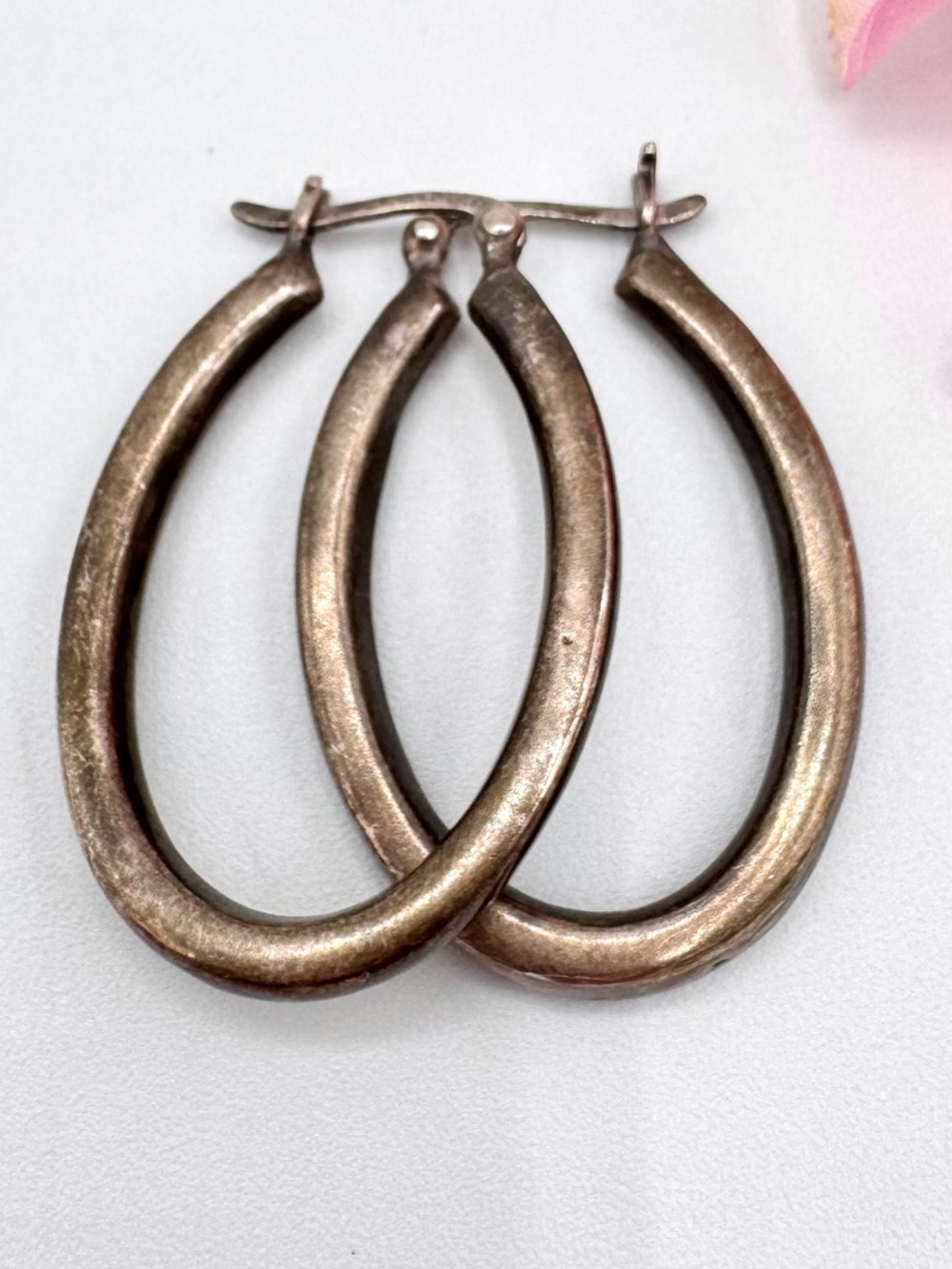 Vintage Silver Patina Oblong Hoop Earrings Acid Tested 5.83 Grams 1 1/2” Length